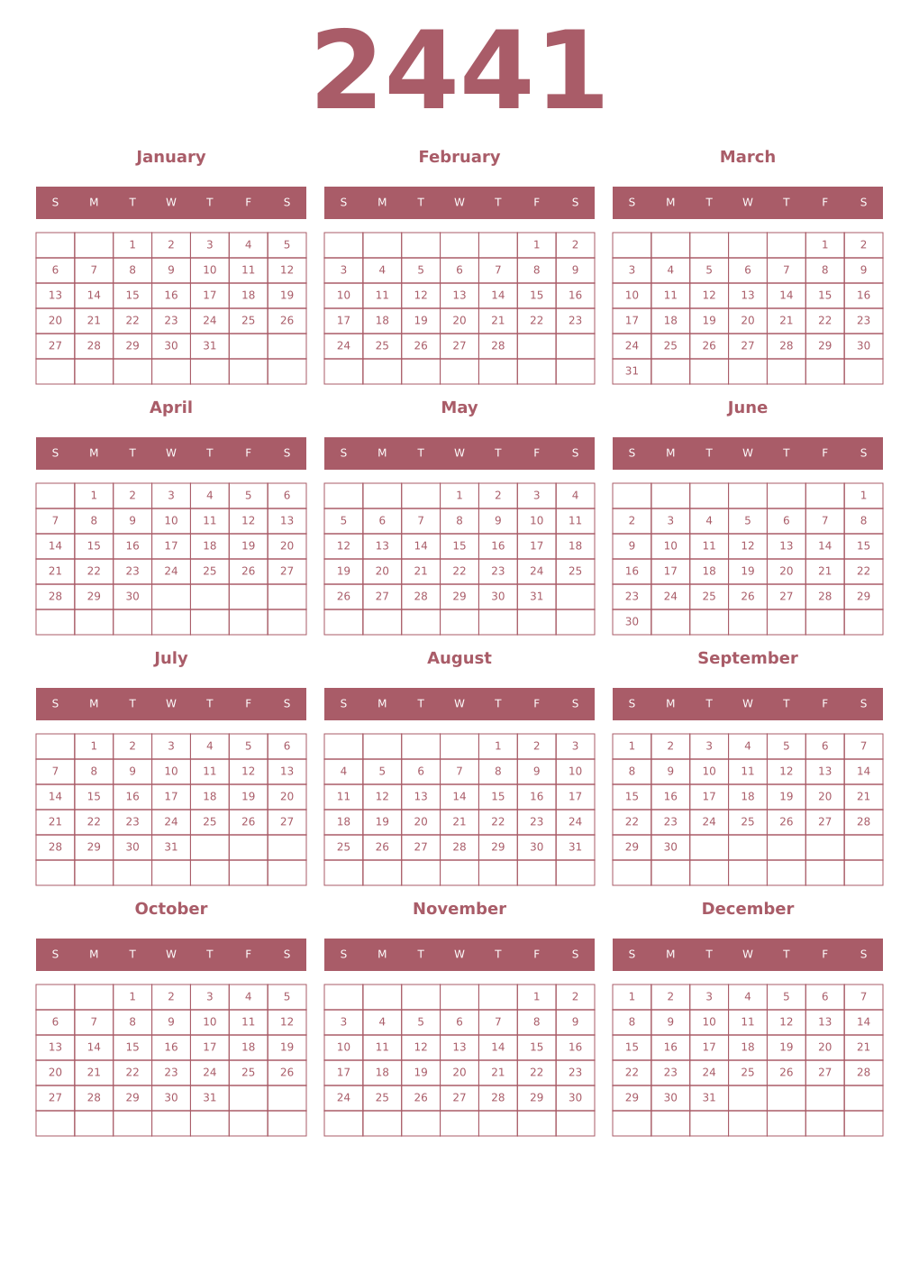 Printable 2441 Year Calendars puce
