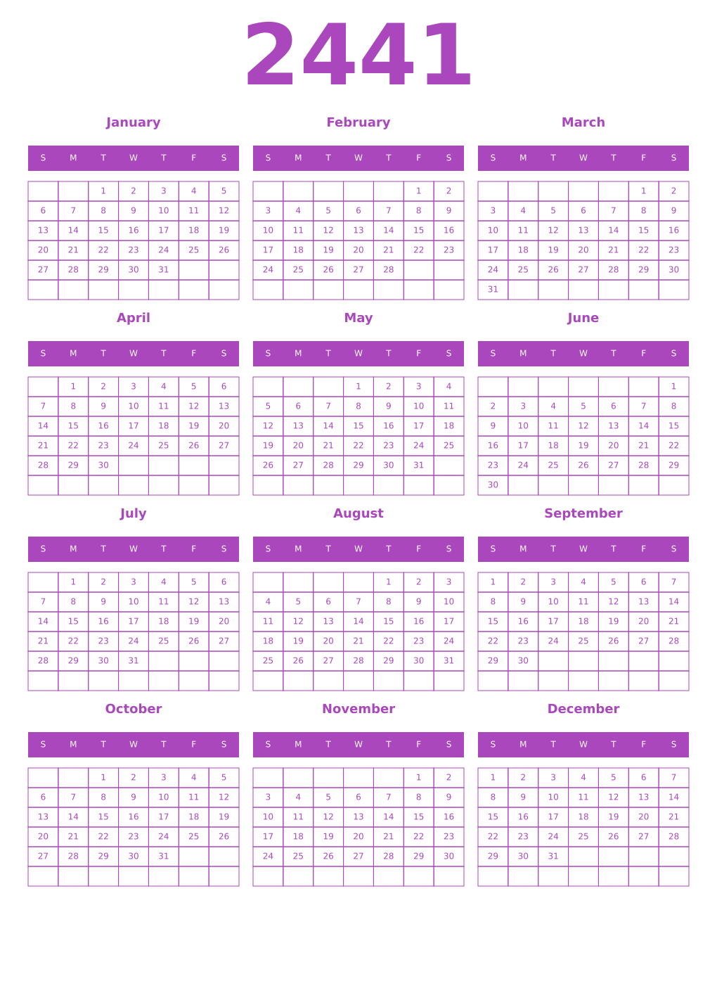 Printable 2441 Year Calendars purple