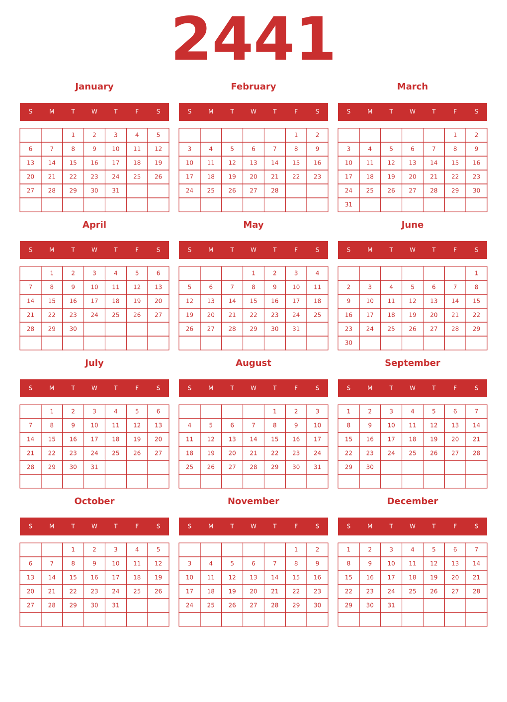 Printable 2441 Year Calendars red