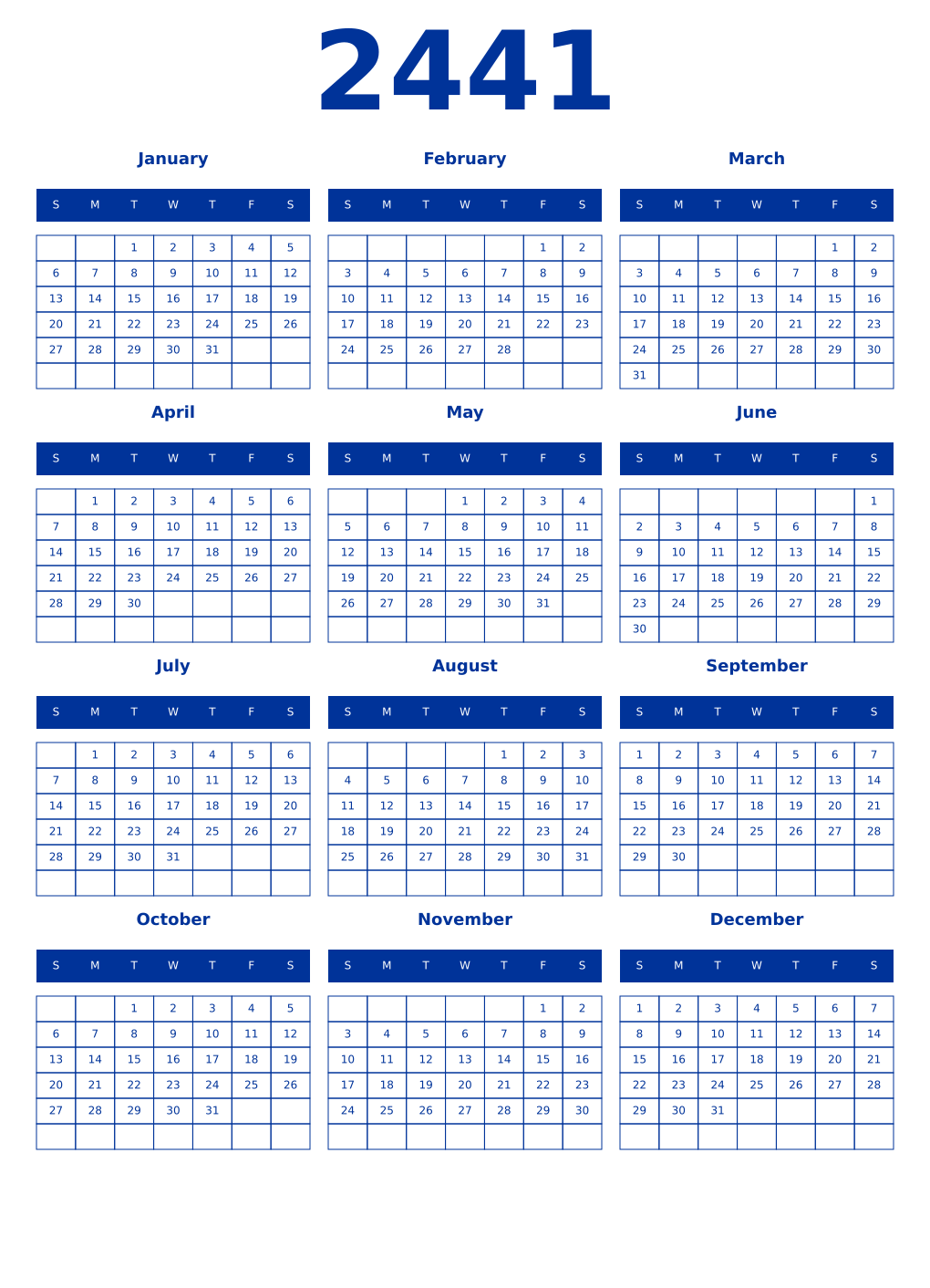Printable 2441 Year Calendars smalt