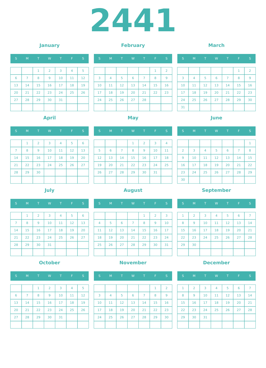 Printable 2441 Year Calendars verdigris