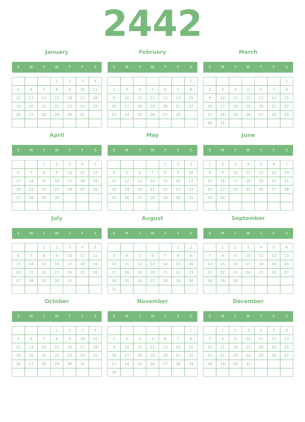 Printable 2442 Year Calendars celadon