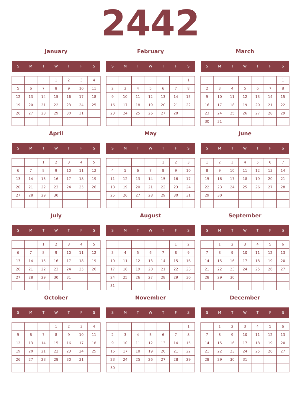 Printable 2442 Year Calendars cordovan