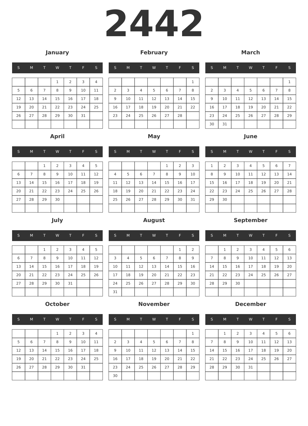 Printable 2442 Year Calendars dark
