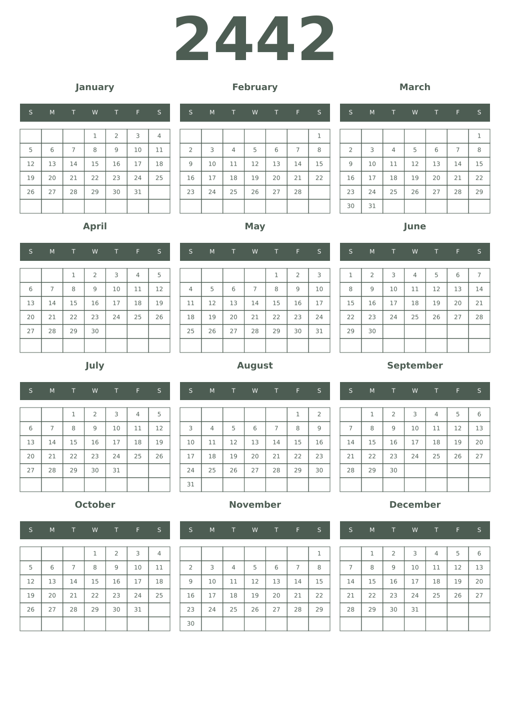 Printable 2442 Year Calendars feldgrau