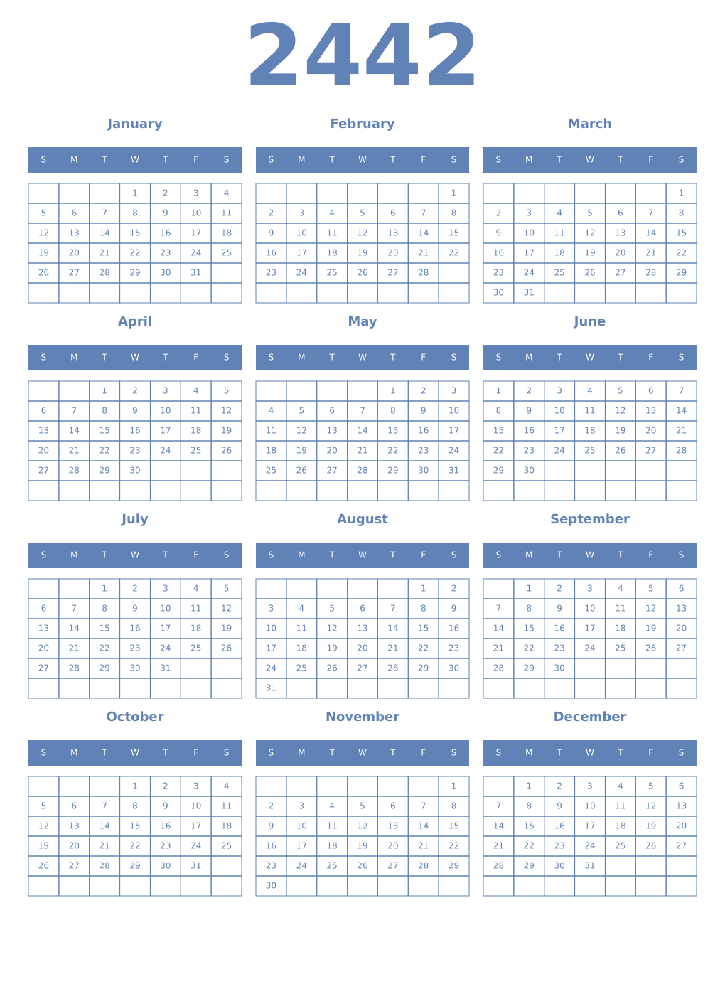 Printable 2442 Year Calendars glaucous