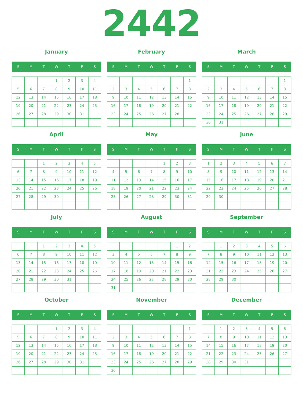 Printable 2442 Year Calendars green