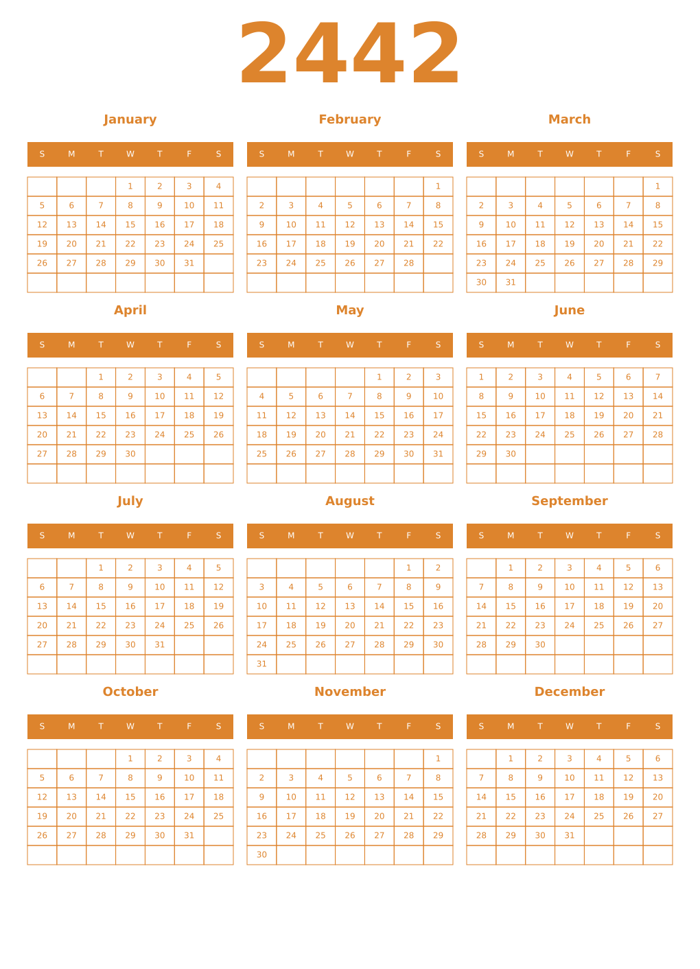 Printable 2442 Year Calendars orange