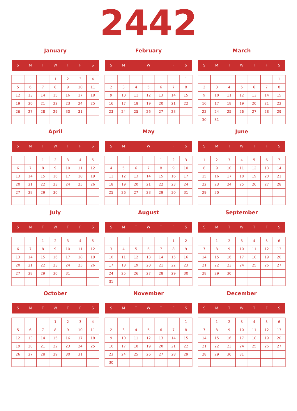 Printable 2442 Year Calendars red