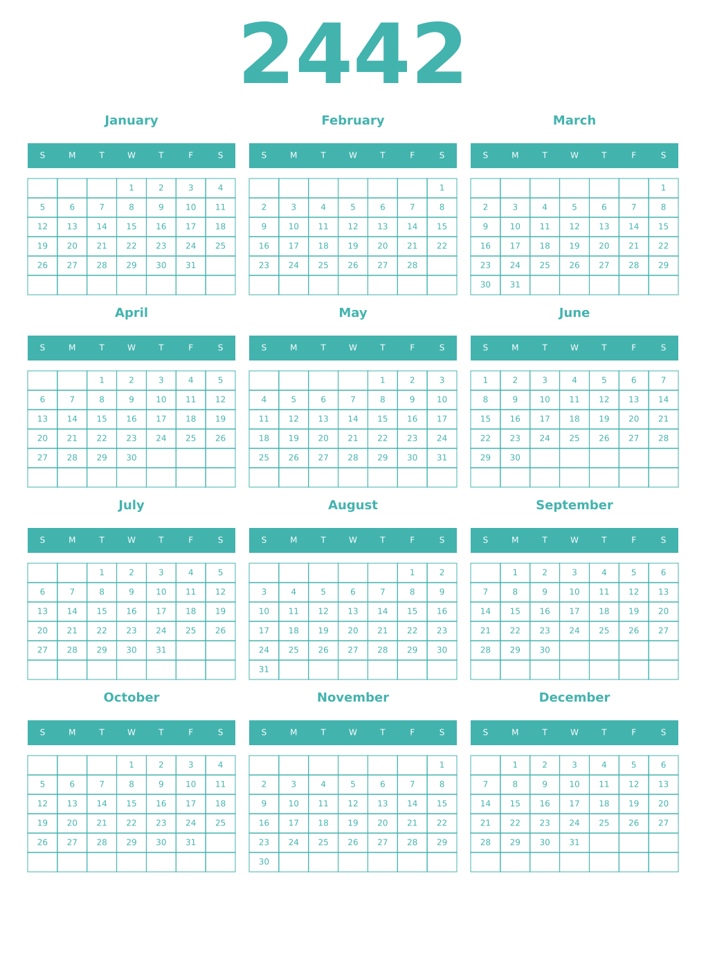 Printable 2442 Year Calendars verdigris