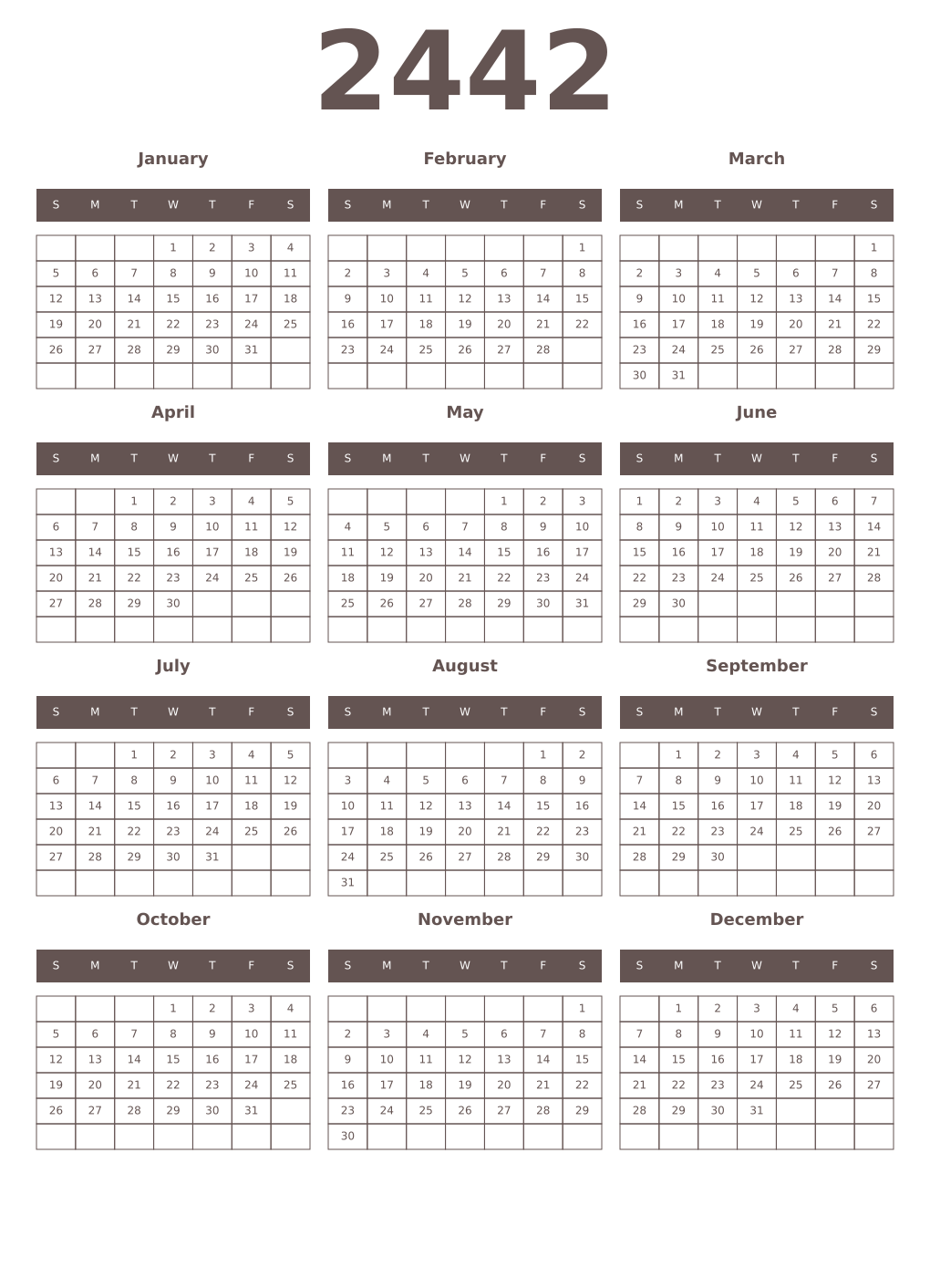 Printable 2442 Year Calendars wenge