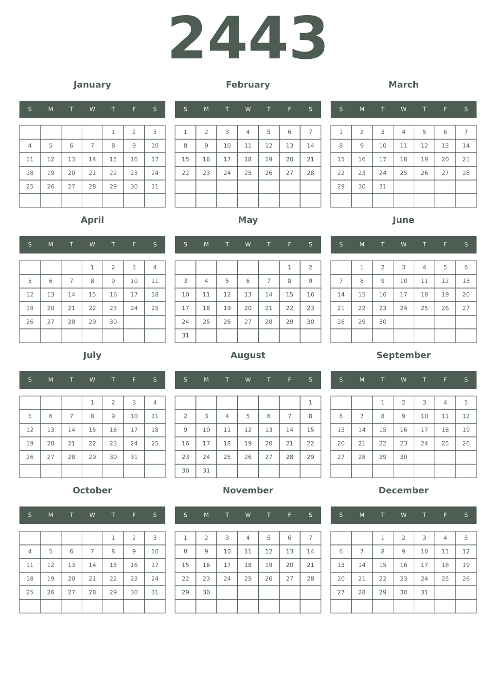Printable 2443 Year Calendars feldgrau