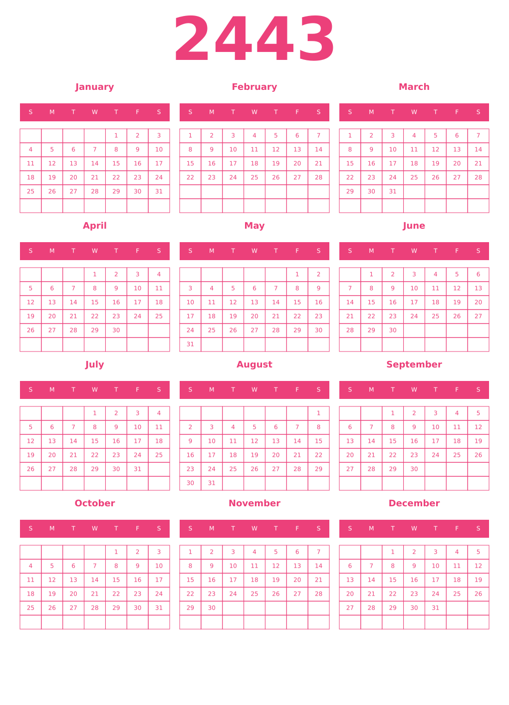Printable 2443 Year Calendars pink