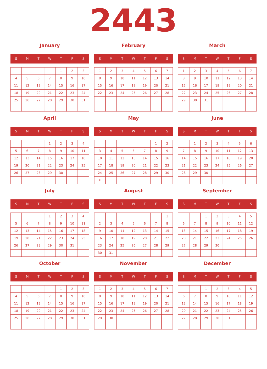 Printable 2443 Year Calendars red