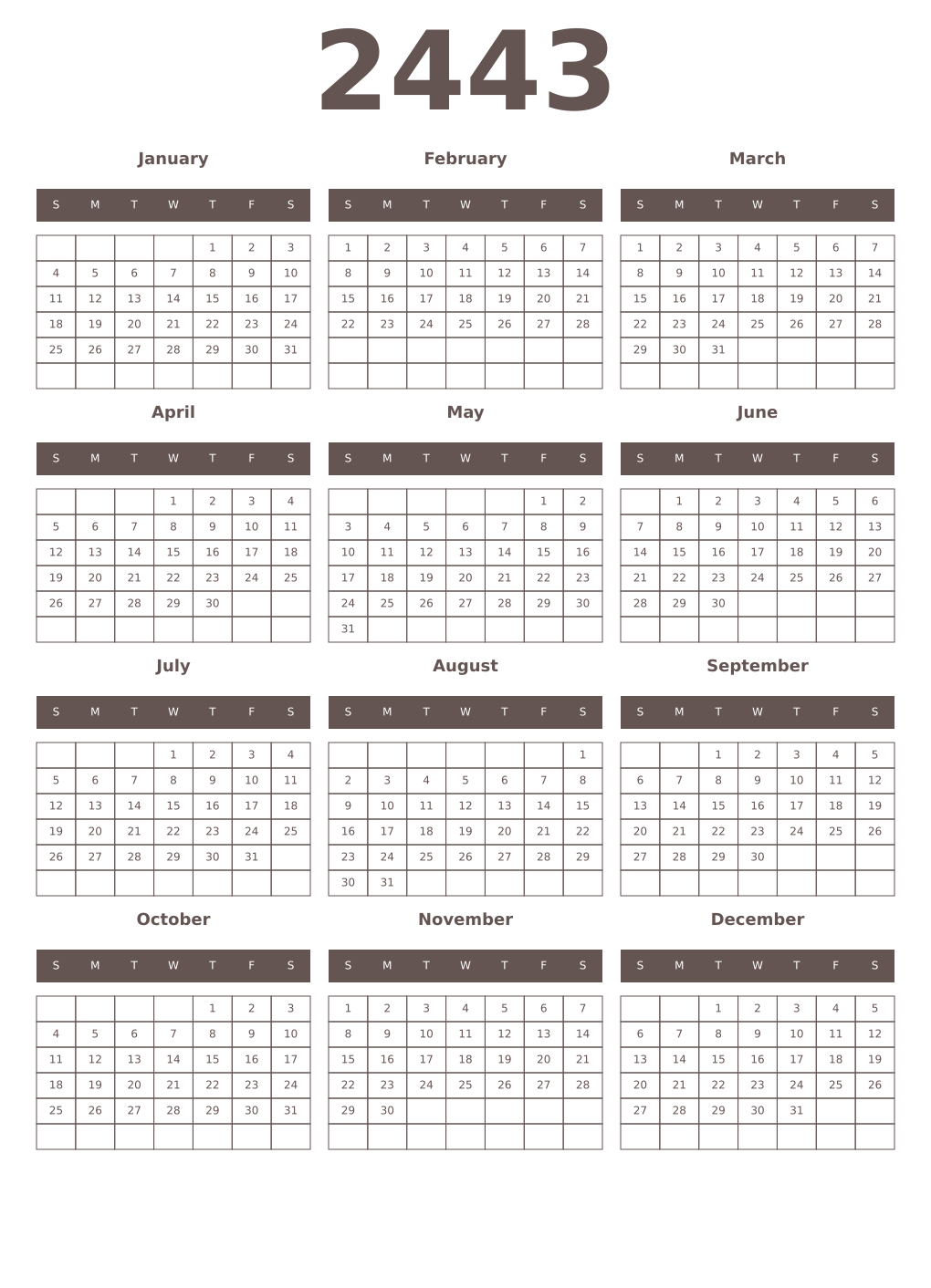 Printable 2443 Year Calendars wenge
