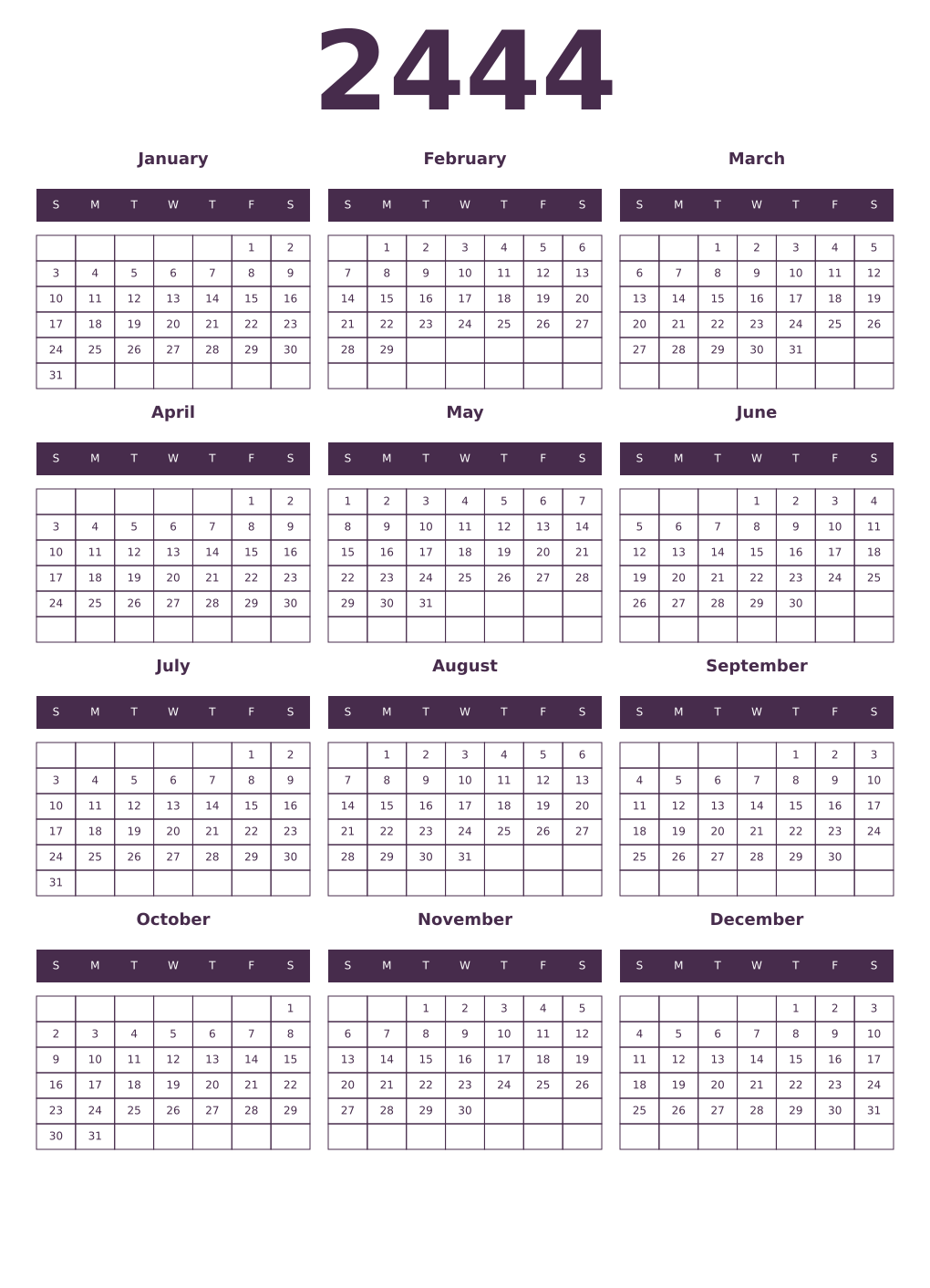 Printable 2444 Year Calendars aubergine