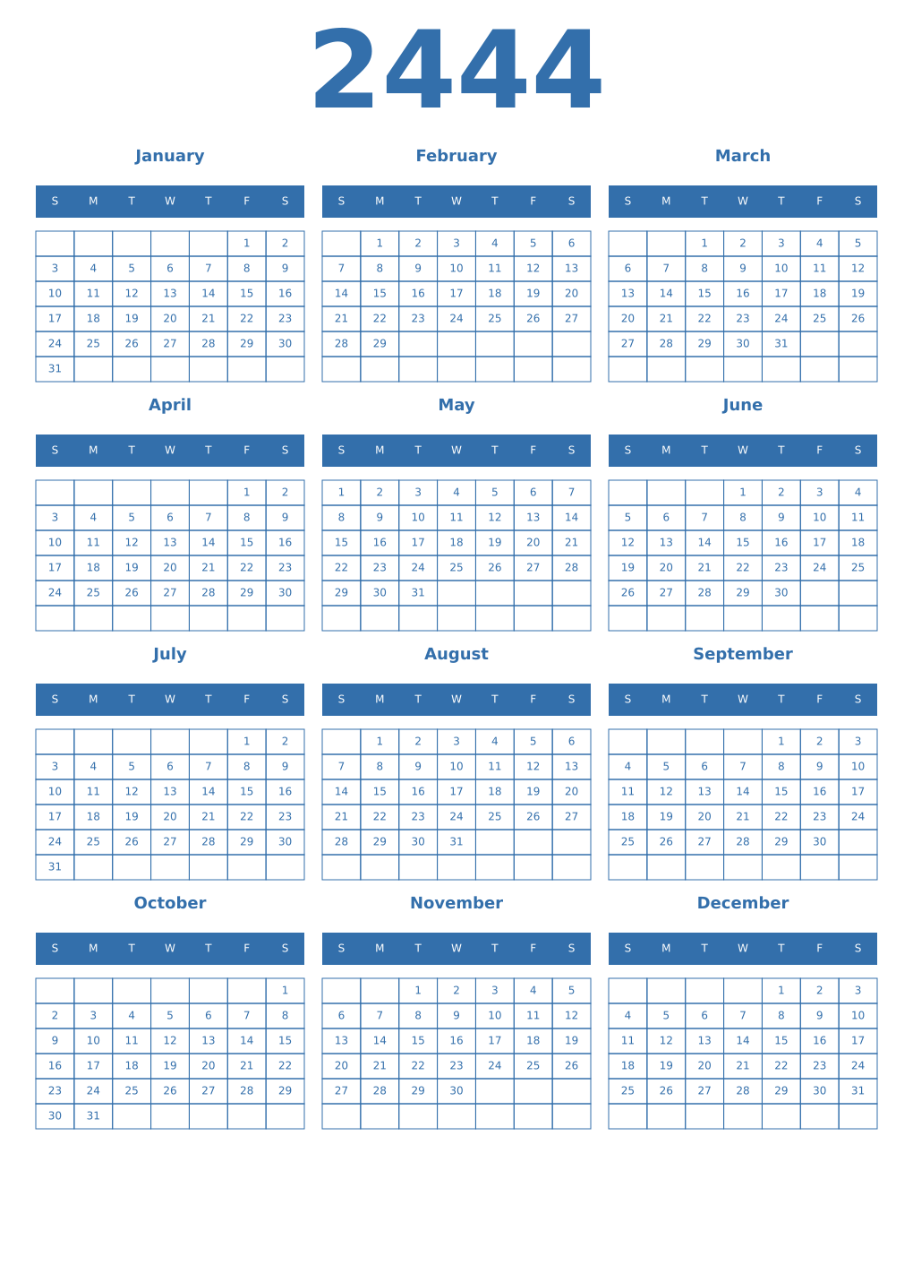 Printable 2444 Year Calendars blue