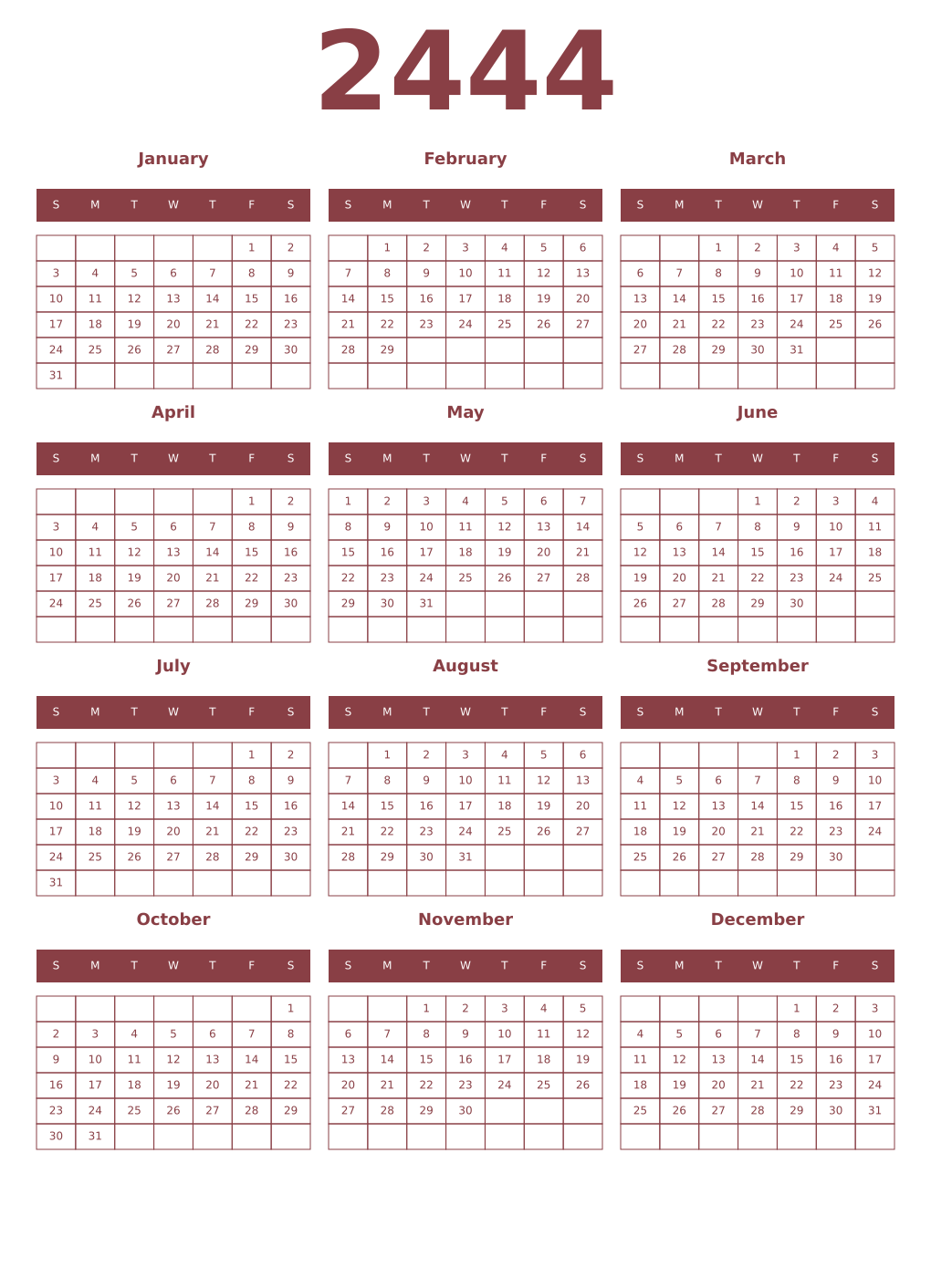 Printable 2444 Year Calendars cordovan
