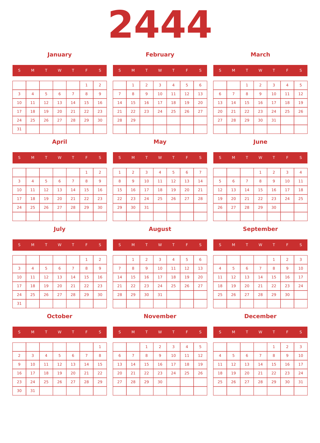 Printable 2444 Year Calendars red