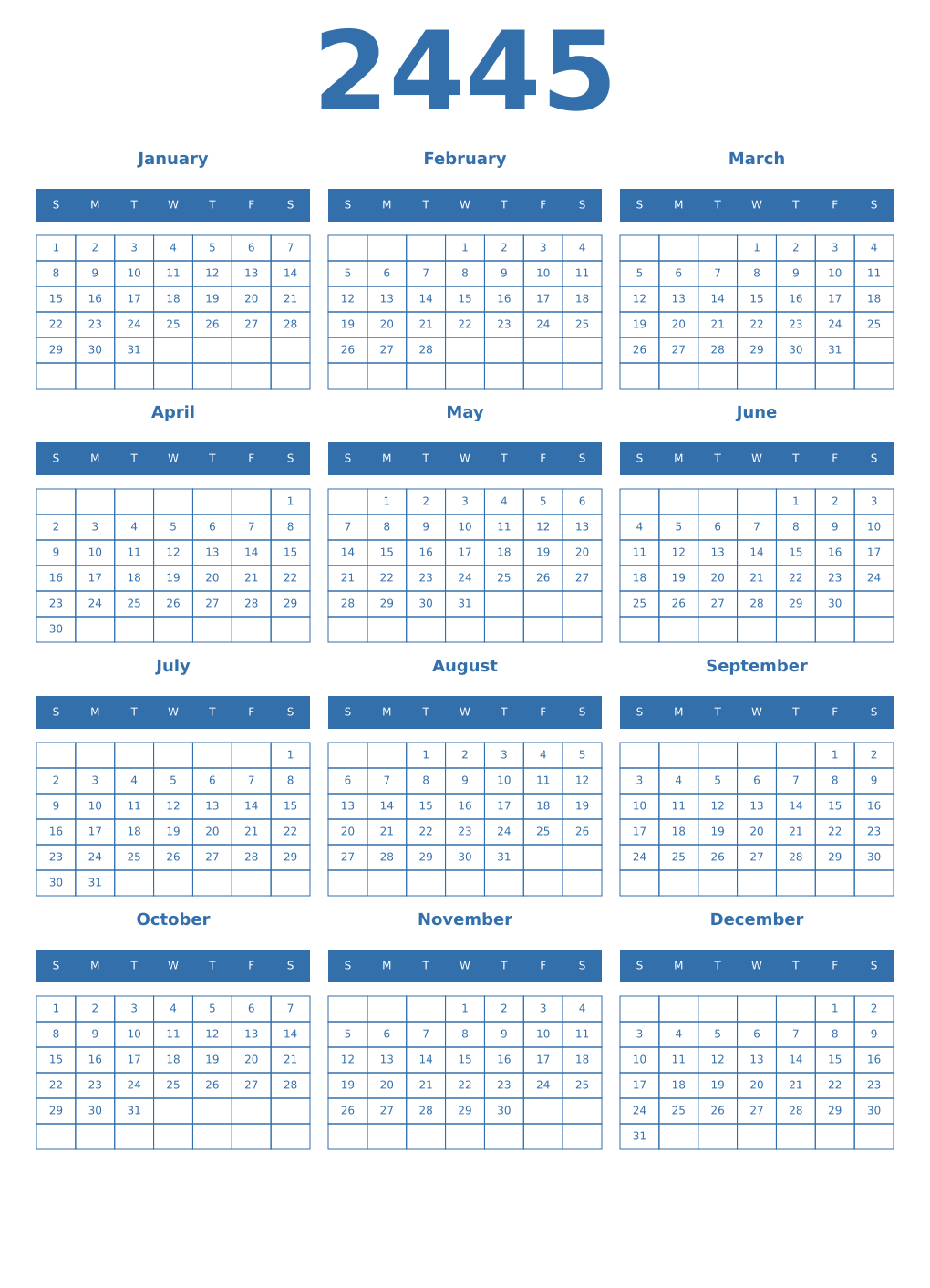 Printable 2445 Year Calendars blue