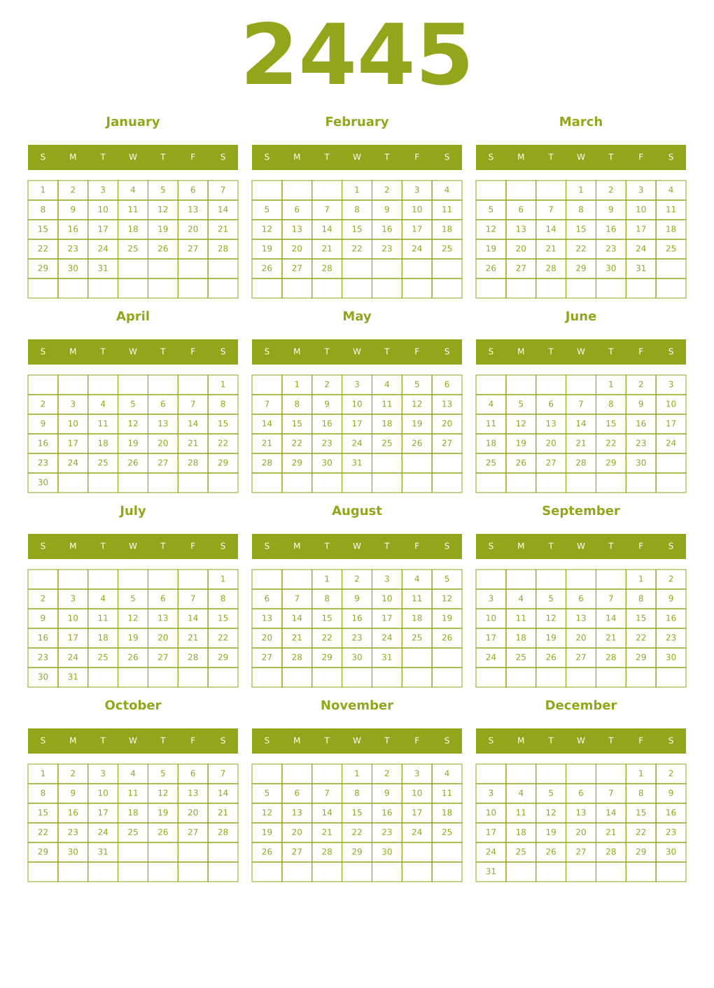 Printable 2445 Year Calendars chartreuse
