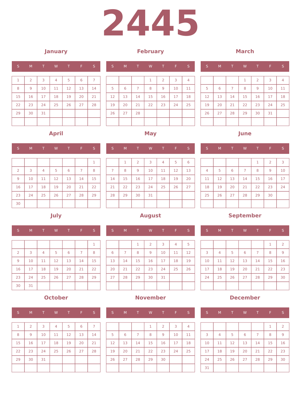 Printable 2445 Year Calendars puce