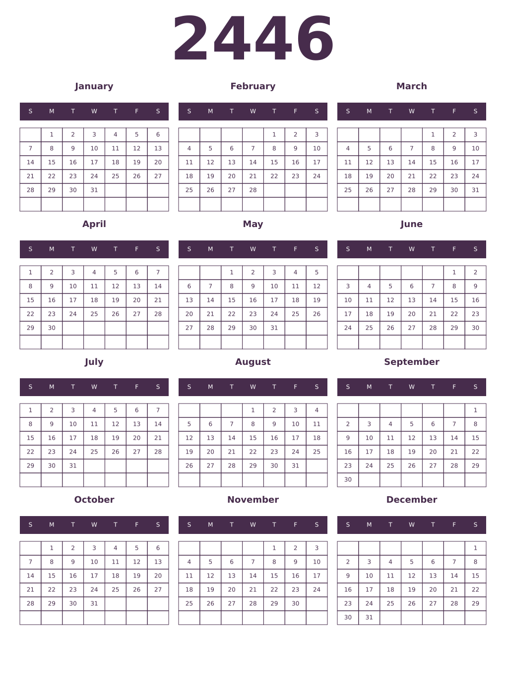 Printable 2446 Year Calendars aubergine