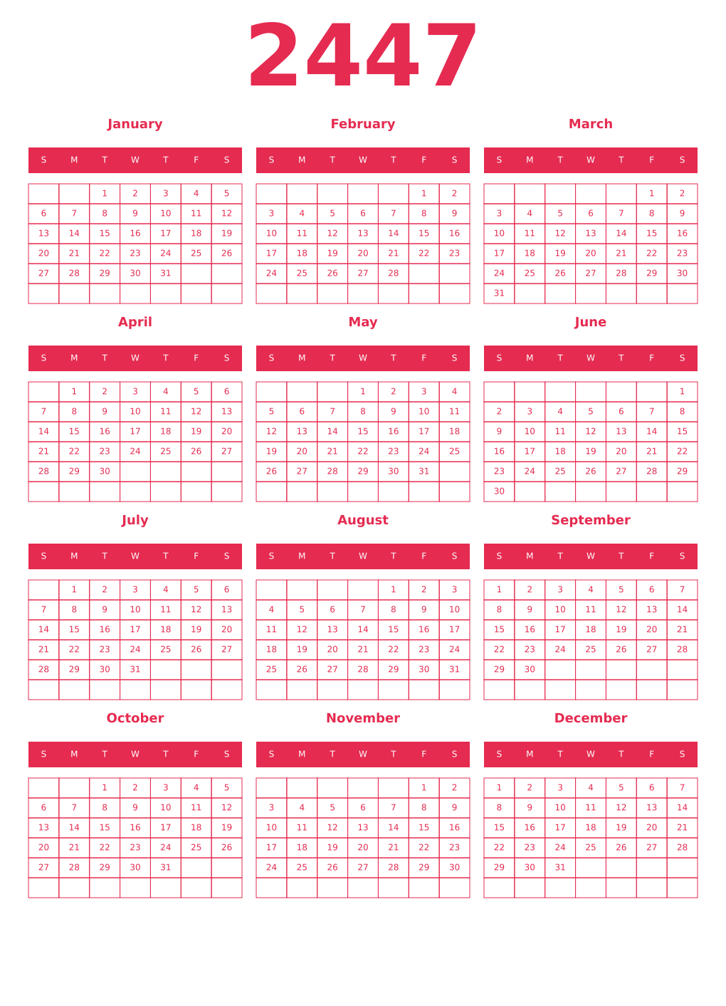 Printable 2447 Year Calendars amaranth