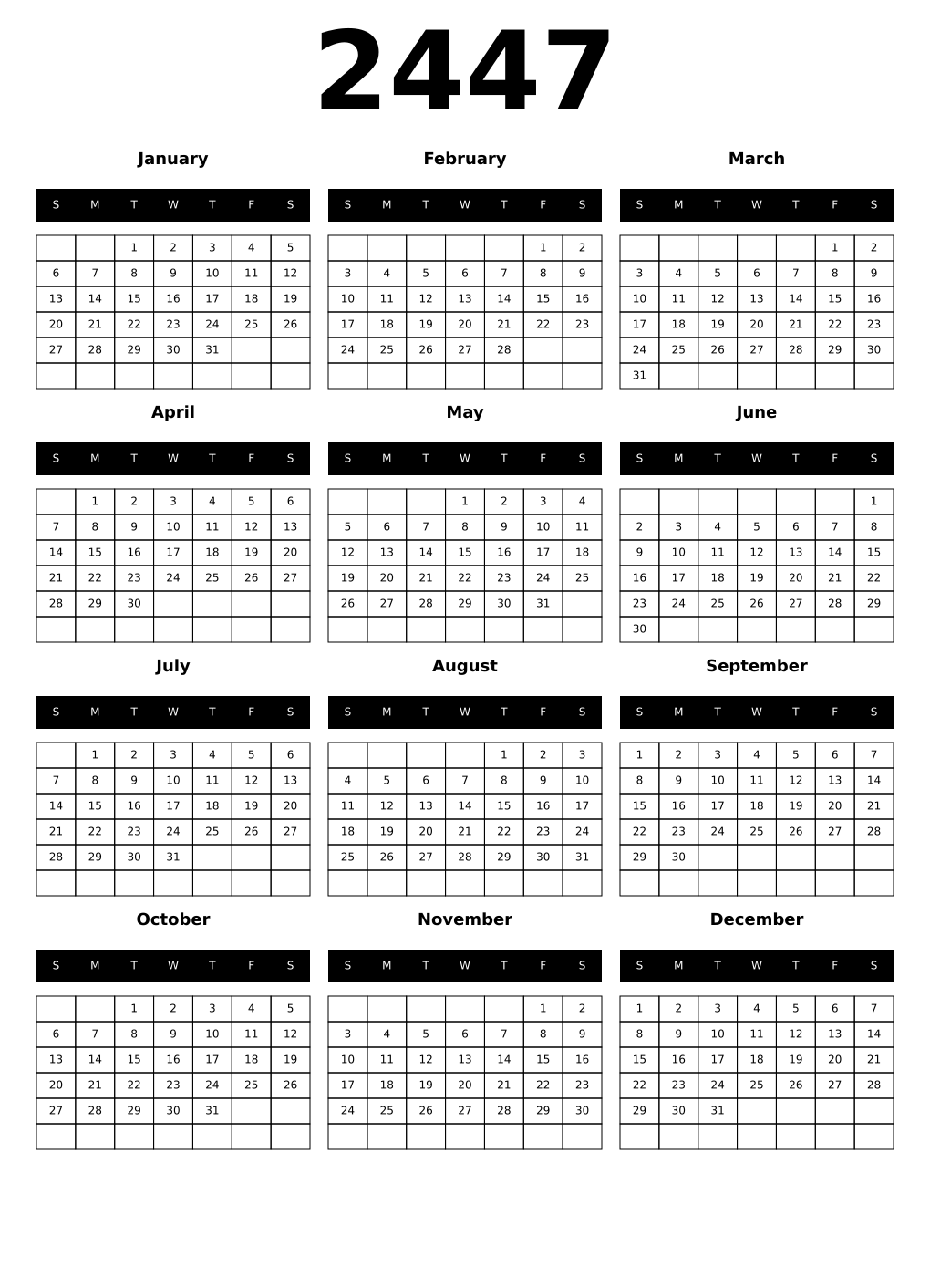 Printable 2447 Year Calendars black