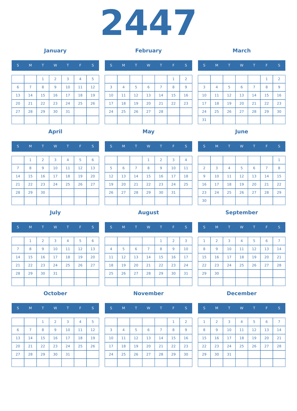 Printable 2447 Year Calendars blue