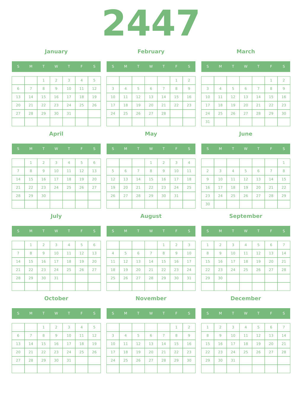 Printable 2447 Year Calendars celadon