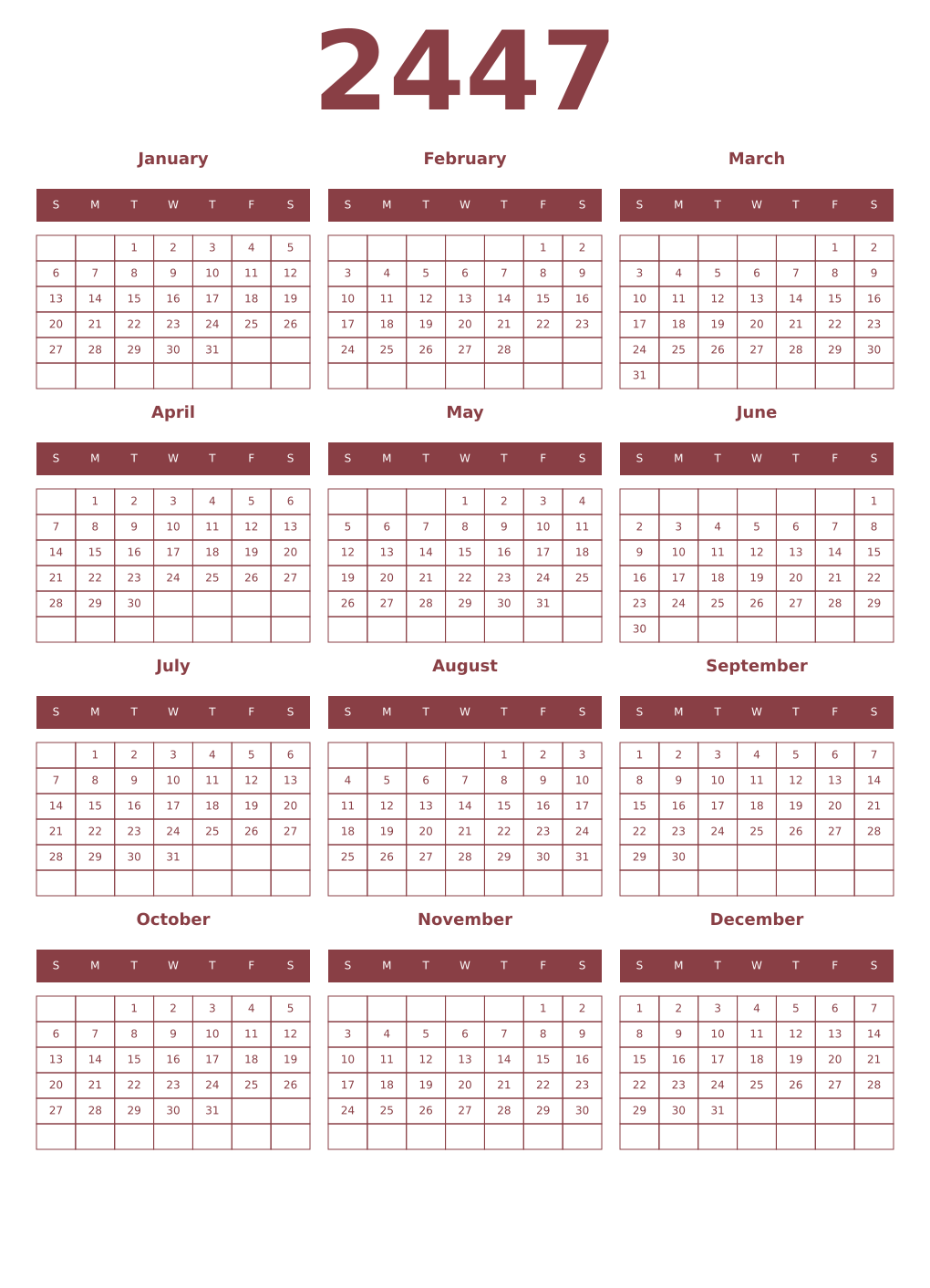 Printable 2447 Year Calendars cordovan