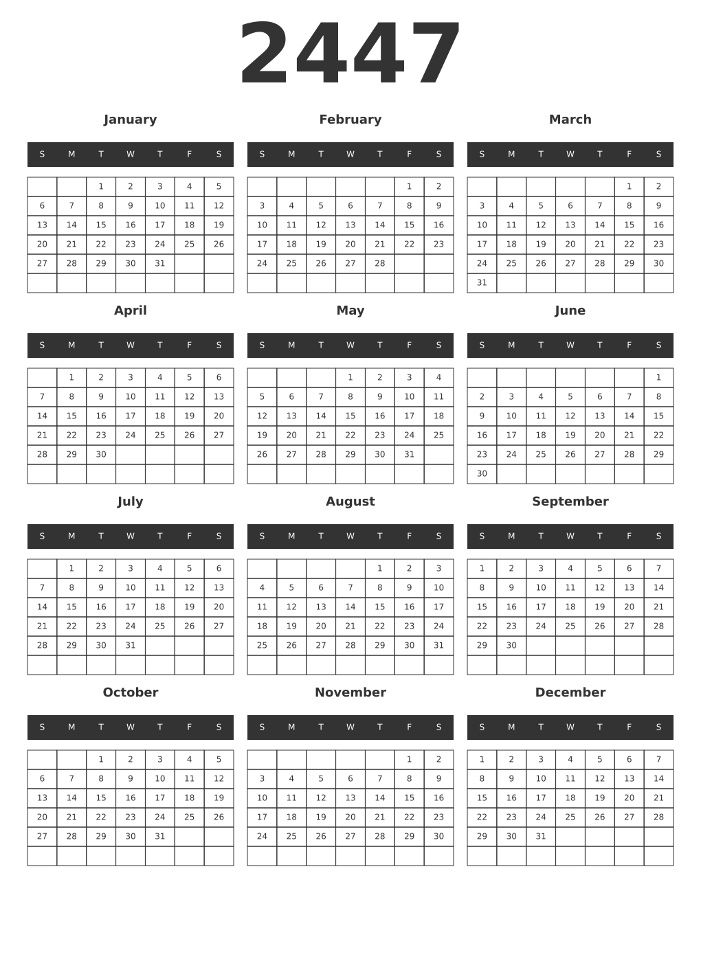 Printable 2447 Year Calendars dark