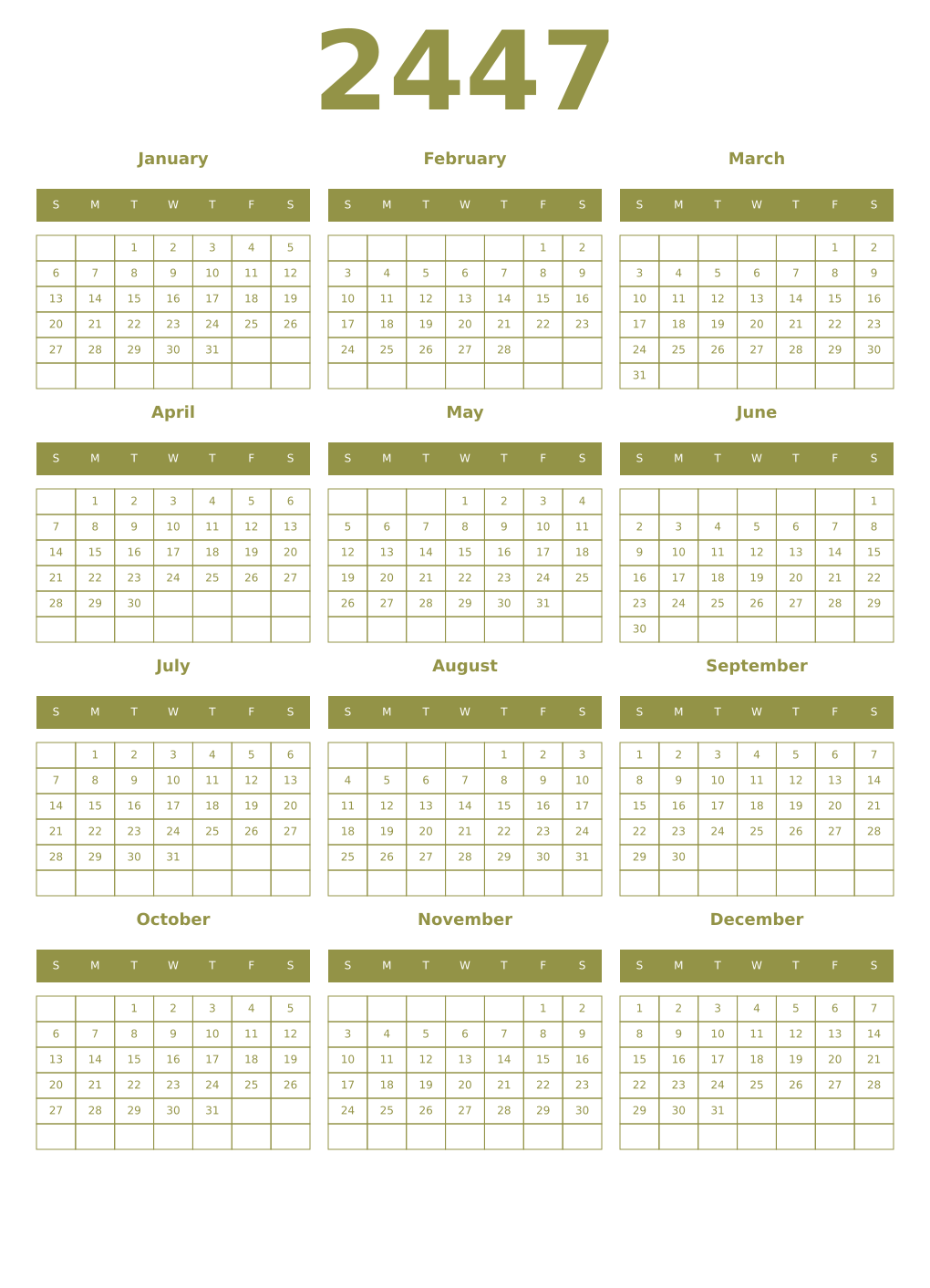 Printable 2447 Year Calendars eburnean