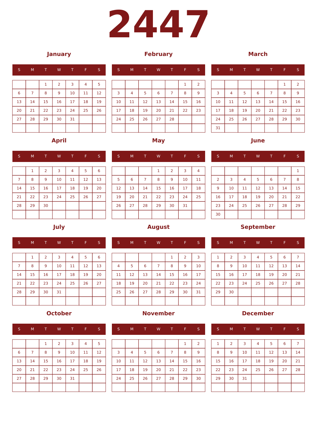 Printable 2447 Year Calendars falu