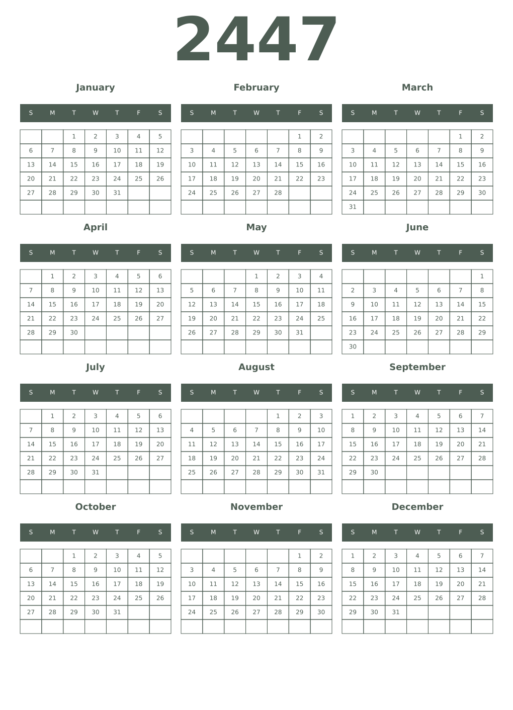 Printable 2447 Year Calendars feldgrau