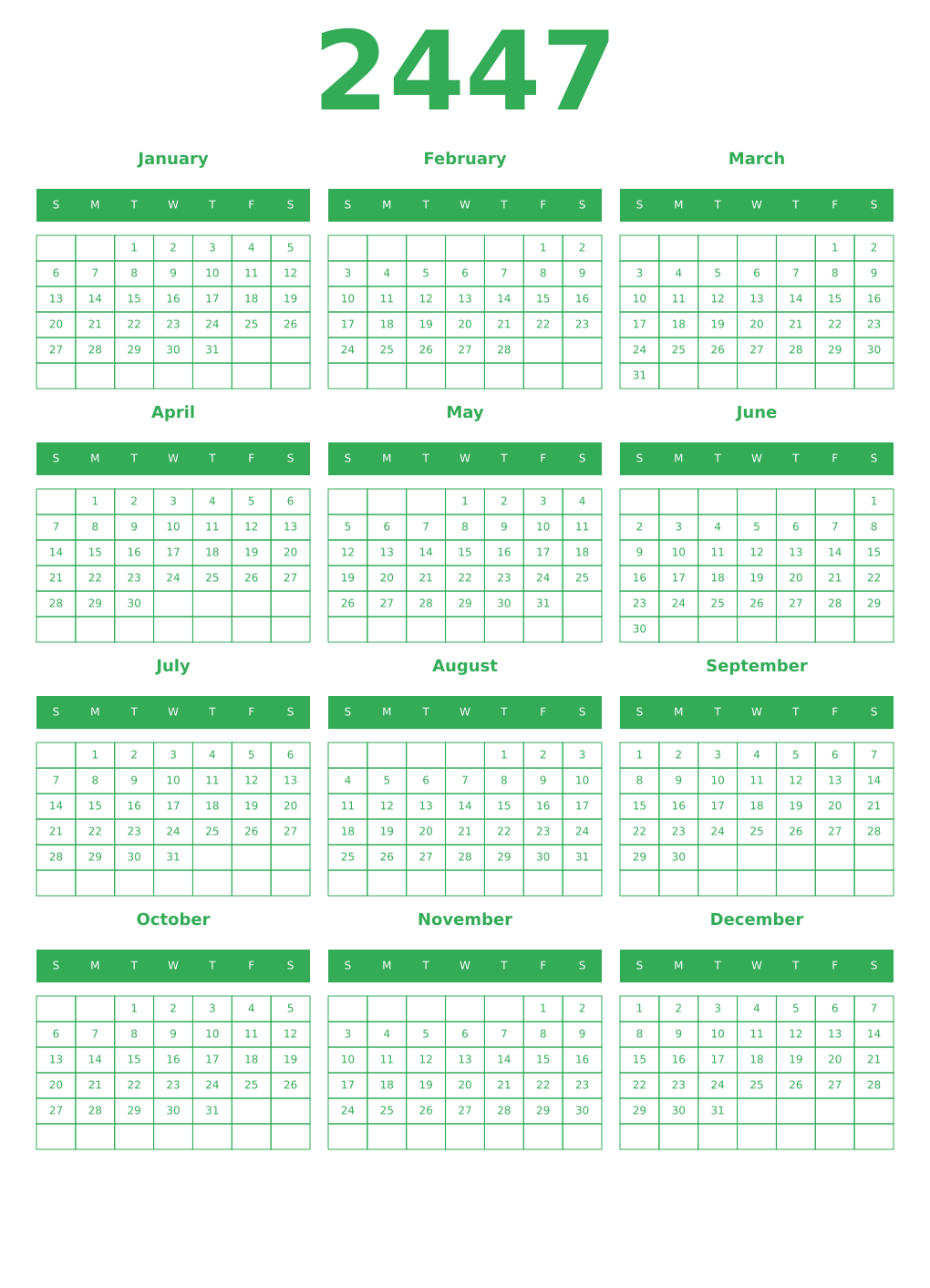 Printable 2447 Year Calendars green