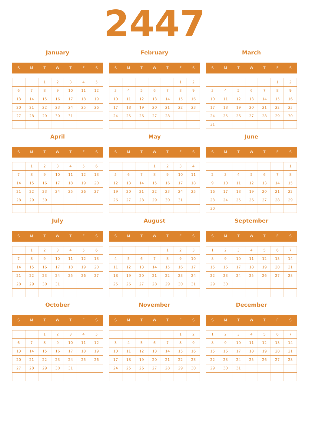 Printable 2447 Year Calendars orange