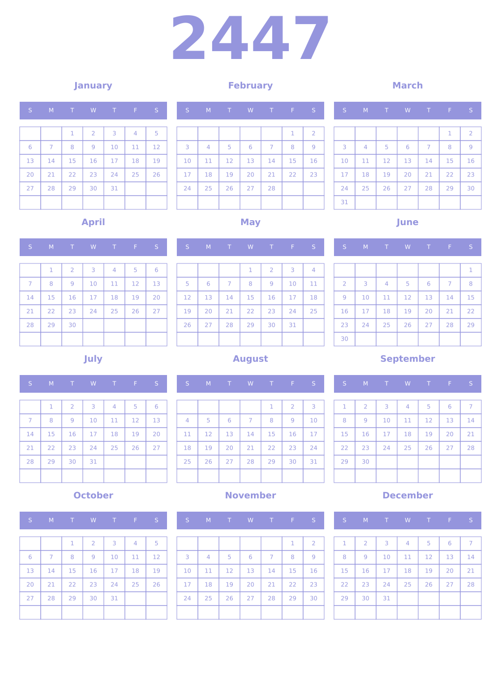 Printable 2447 Year Calendars periwinkle