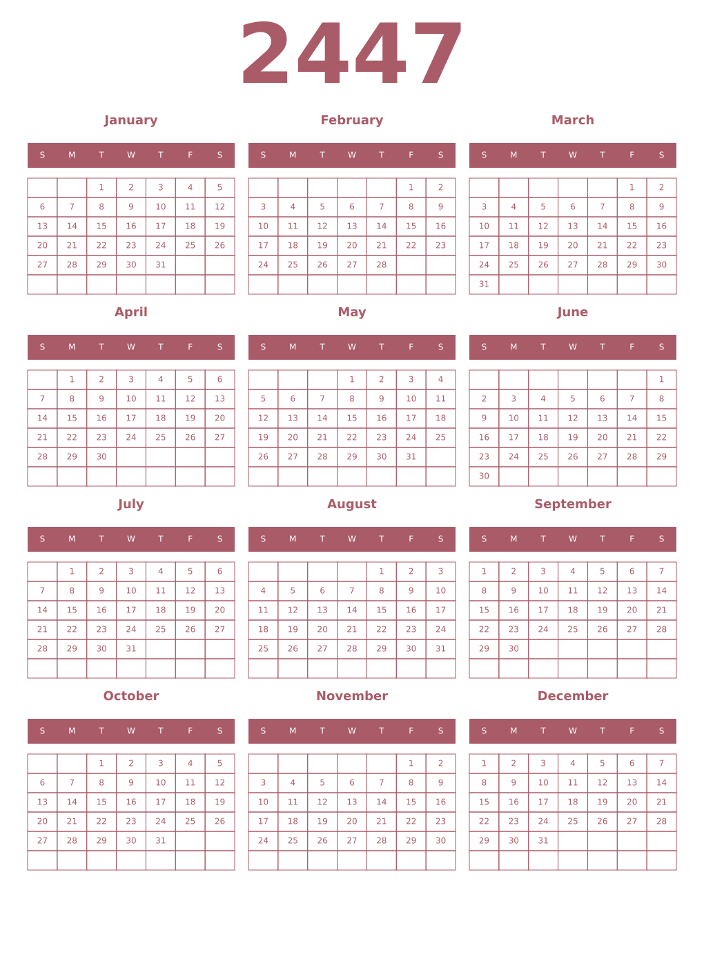 Printable 2447 Year Calendars puce