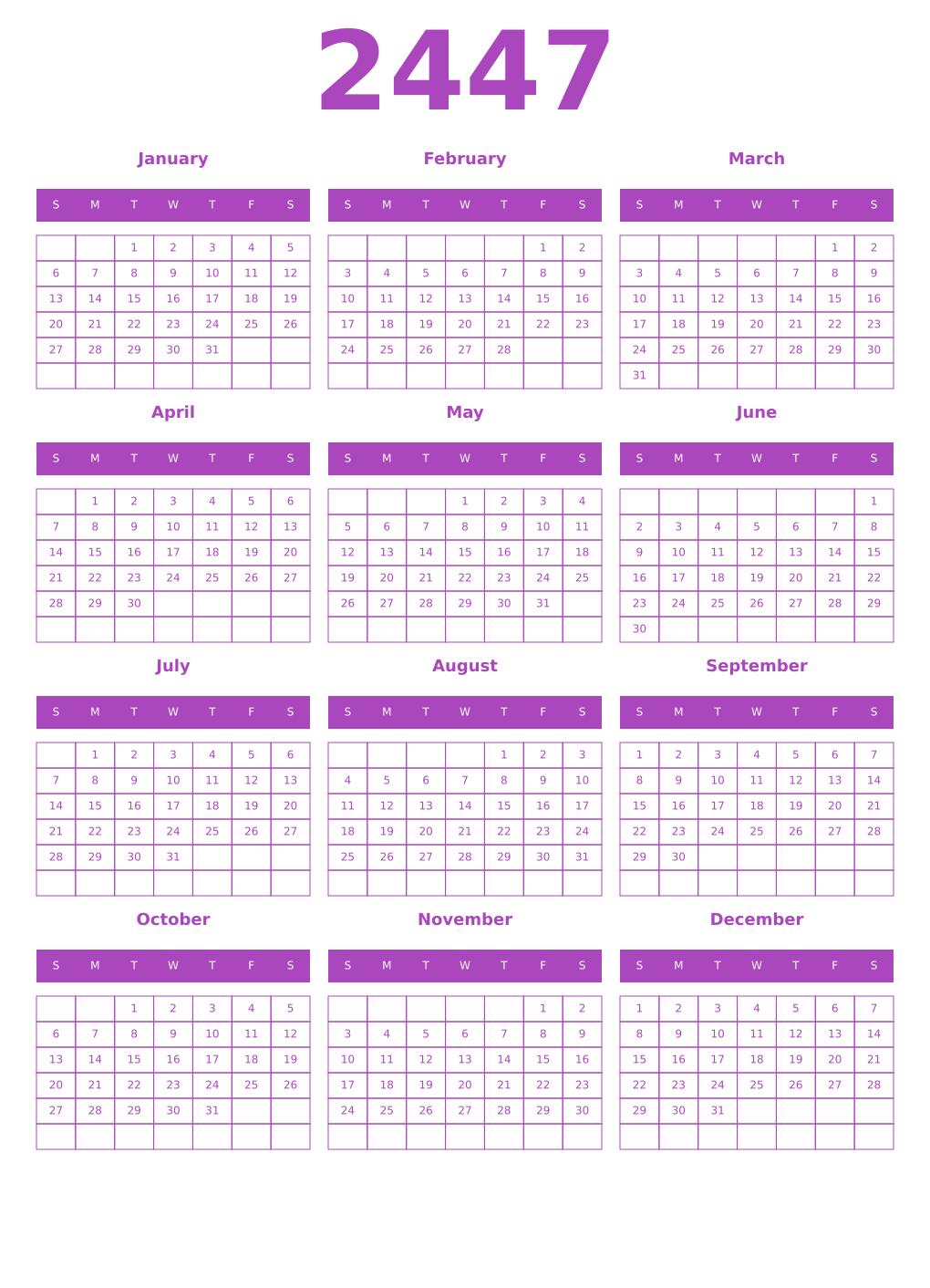 Printable 2447 Year Calendars purple