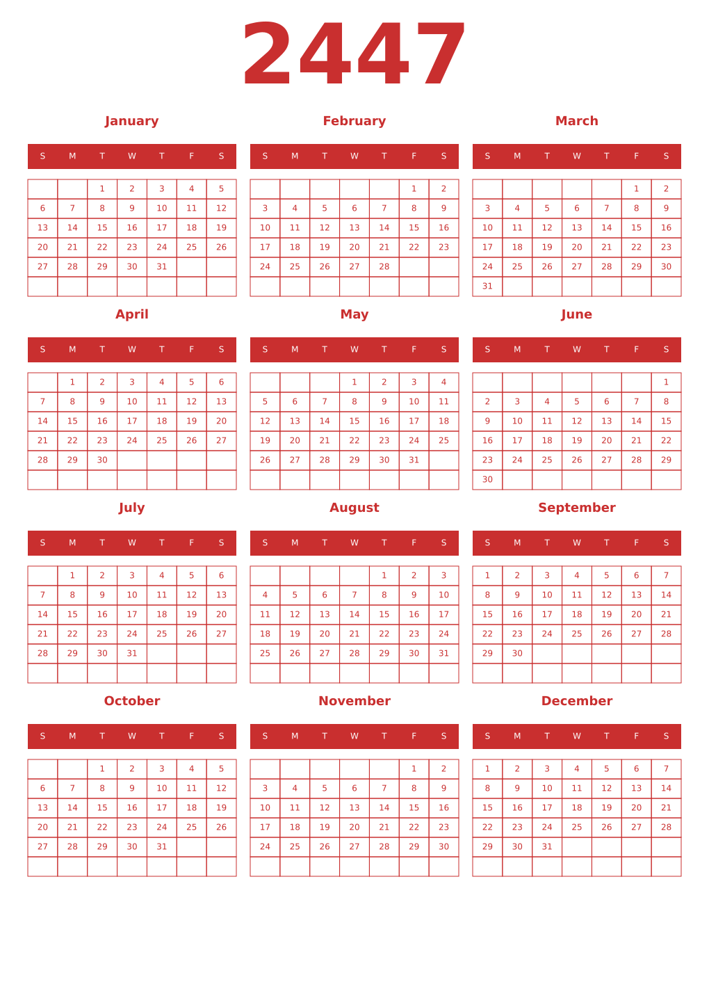 Printable 2447 Year Calendars red