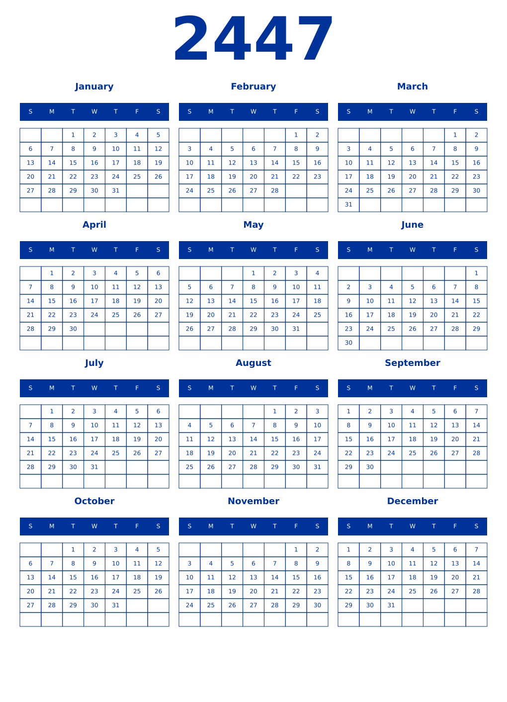 Printable 2447 Year Calendars smalt