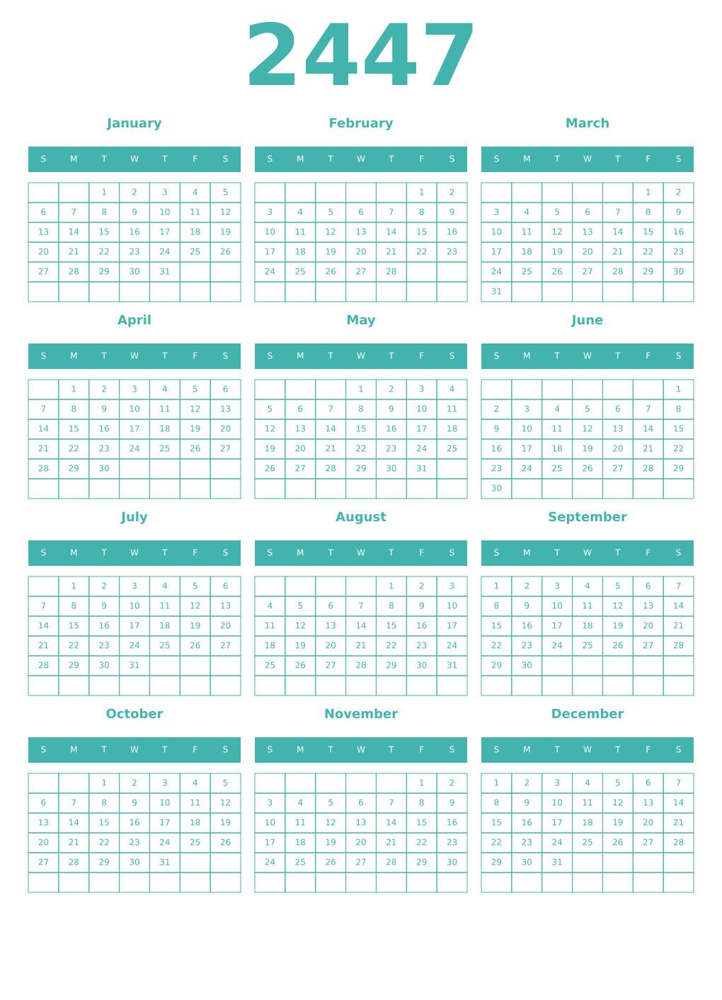 Printable 2447 Year Calendars verdigris