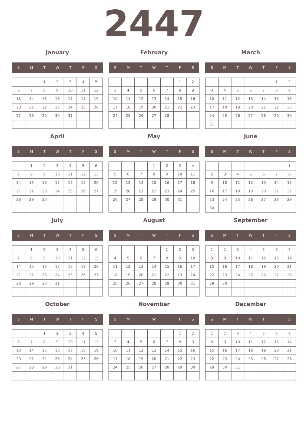 Printable 2447 Year Calendars wenge