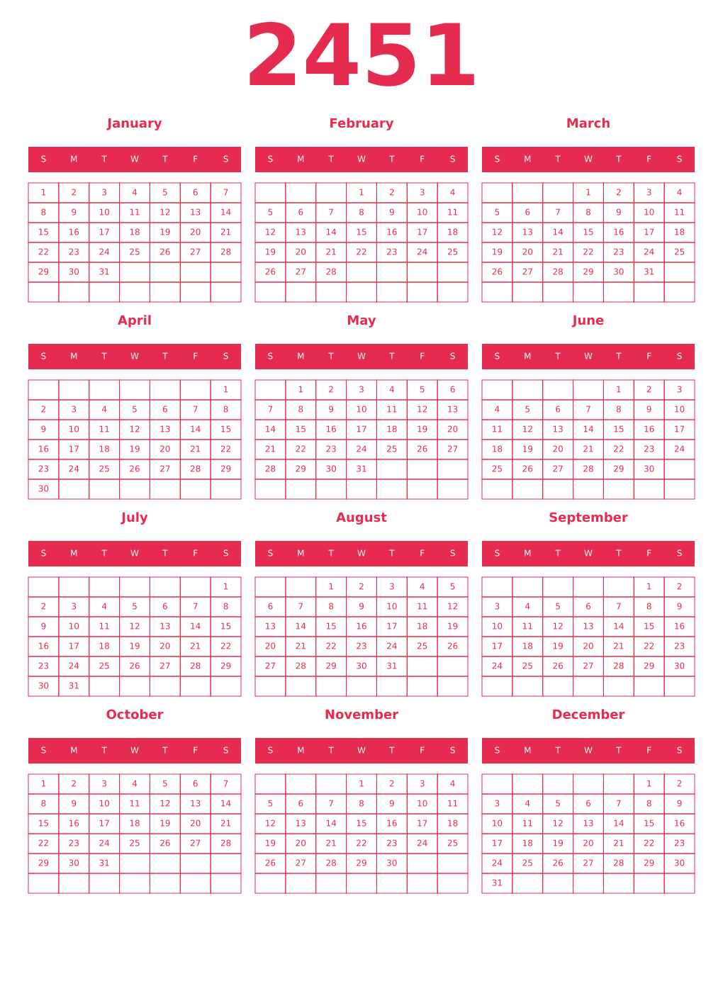 Printable 2451 Year Calendars amaranth