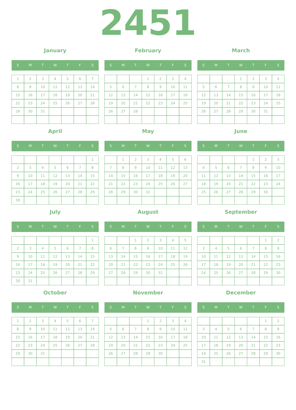 Printable 2451 Year Calendars celadon