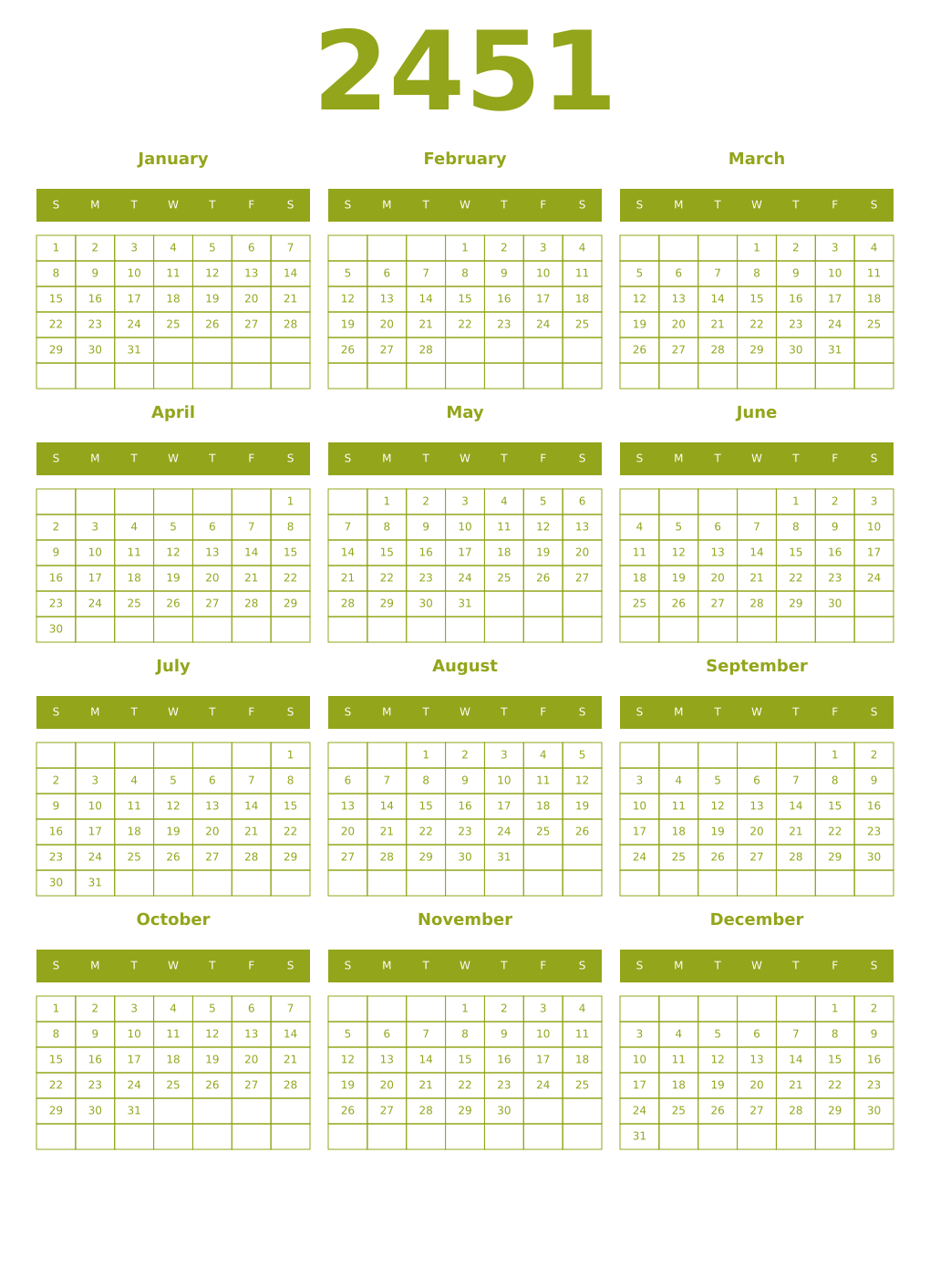Printable 2451 Year Calendars chartreuse