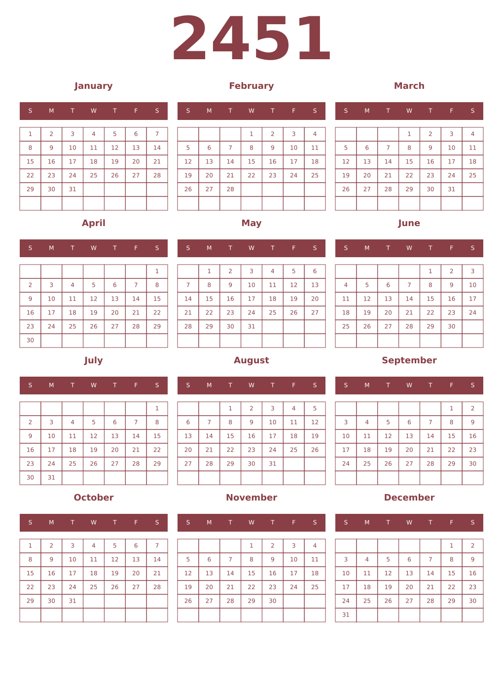 Printable 2451 Year Calendars cordovan