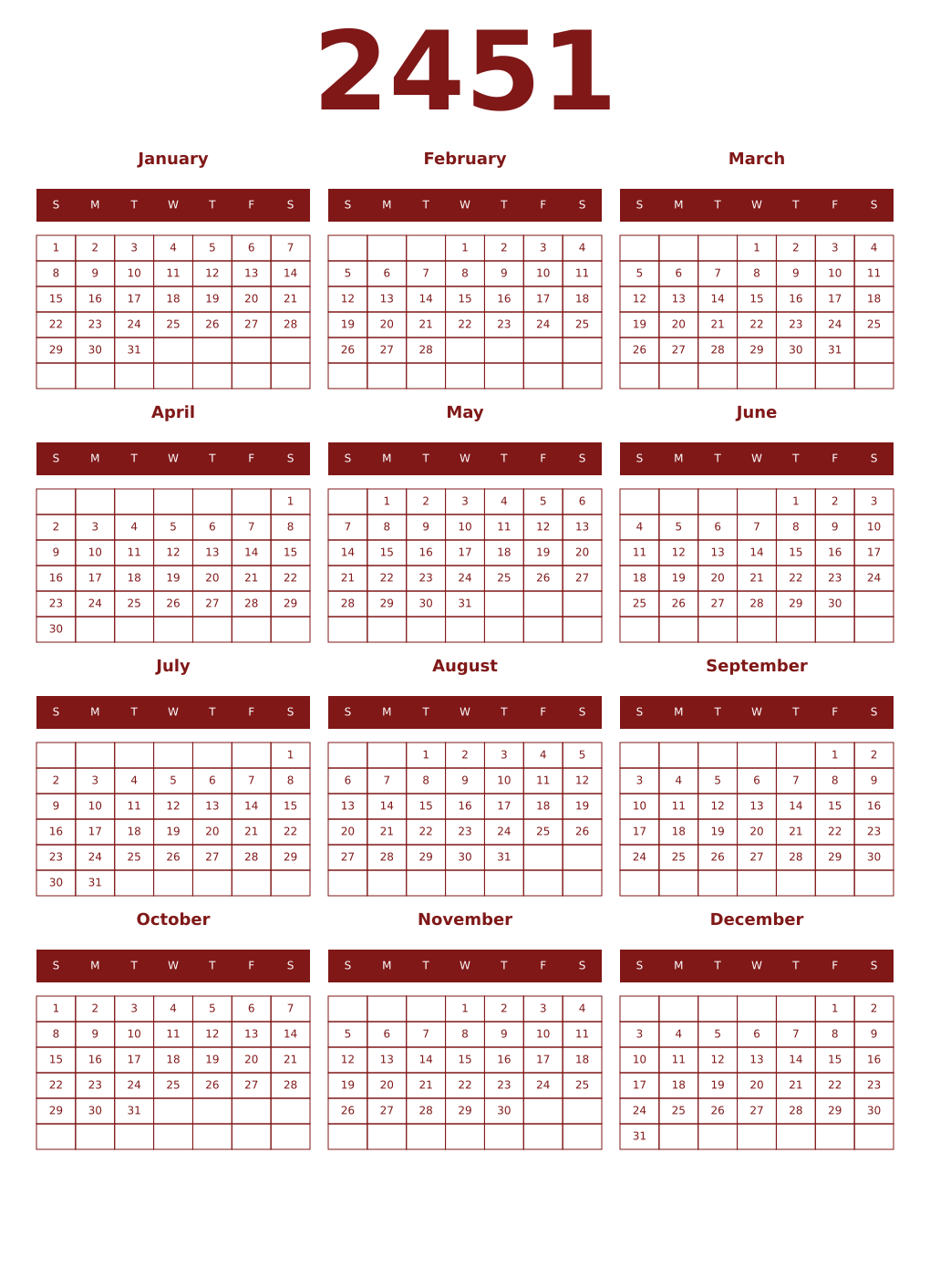 Printable 2451 Year Calendars falu